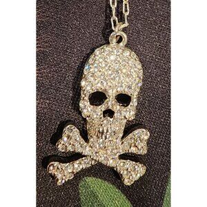 Rhinestone Skull & Crossbones Pendant Necklace Silver Chain Edgy Statement Jewel